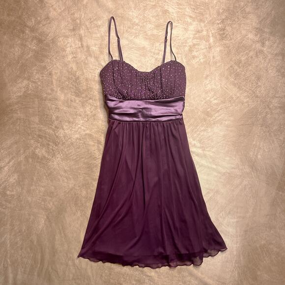 Y2K Charlotte Russe Beaded Sequin Empire Waist Party Mini Dress Purple Mesh - Picture 4 of 8